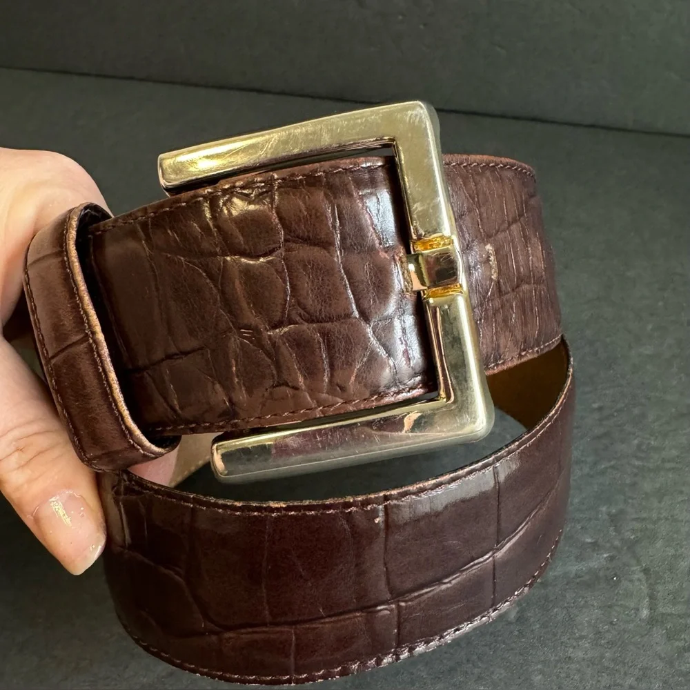 Vintage Nordstrom Brown Leather Belt Wide‎ Alligator Grain Womens Small / Medium
